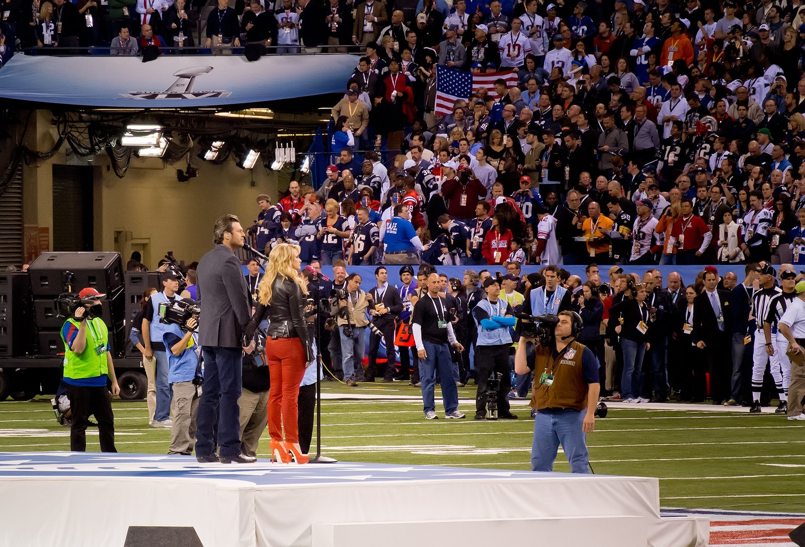 Blake Shelton and Miranda Lambert on stage at Super Bowl XLVI in 2012